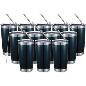 COMOOO 20oz Double Wall Vacuum Insulated Travel Mug Bulk Stainless Steel Tumbler with Lid and Straw Durable Powder Coated Insulated Coffee Cup for Cold & Hot Drinks (Peacock blue, 12 pack）