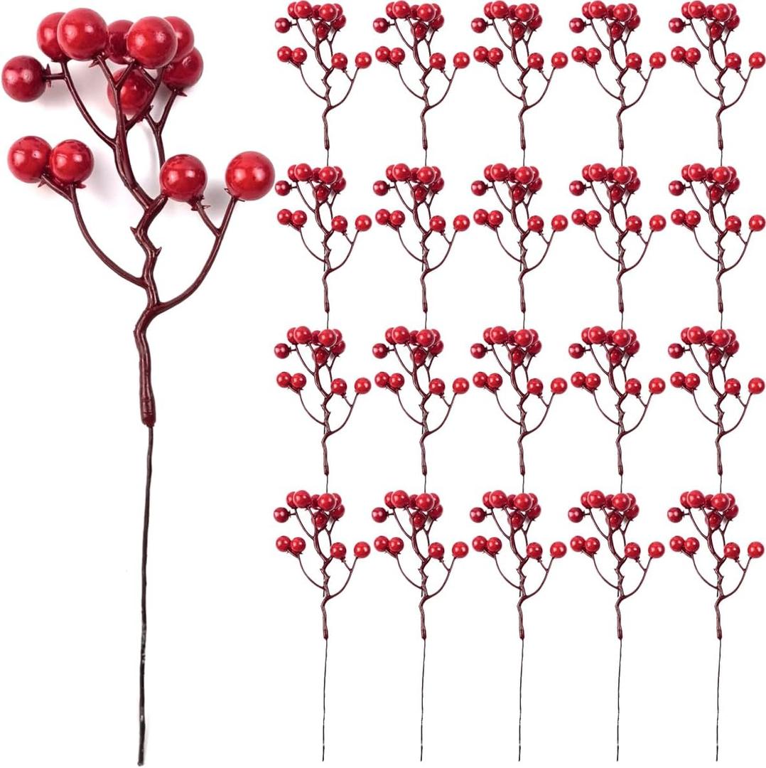 TIHOOD 25PCS Artificial Red Berry Stems 7.8inch Christmas Red Berry Picks Holly Berry Branches for Christmas Tree Decorations DIY Crafts Xmas Ornaments Wedding Holiday Home Decor