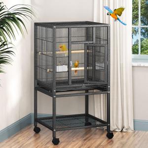DWVO 41-inch Metal Bird Cage Large Parrot Cages with Rolling Stand​ - Features Tray, Food Boxes & Wooden Perches, 19.0"L x 18.1"W x 40.5"H