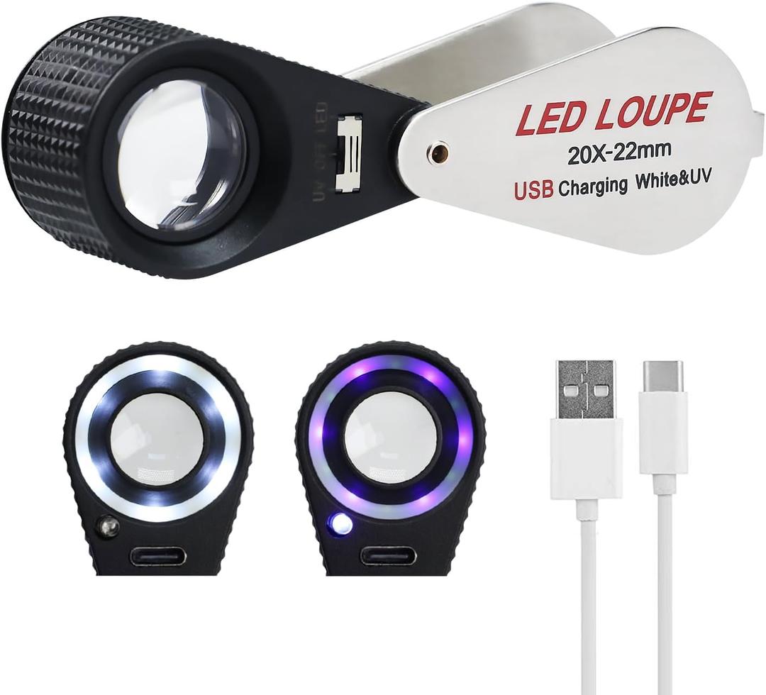 20X Triplet Gem Loupe with LED & UV Light, 22mm Optical Glass, Rechargeable Jewelry Magnifier, Achromatic Aplanatic Lens, Foldable Design for Gemstones, Coins & Stamps