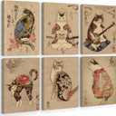 Japanese Cat Wall Art Samurai Cat Canvas Poster Anime Wall Decor Asian Prints Japan Painting Japanese Home Poster Tattoo Fantasy Artwork Funny Pictures for Living Room Bedroom 8x10 Inch Ready to Hang