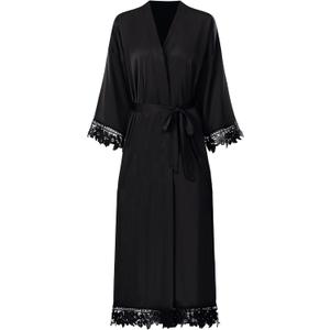 Women's Lace Trim Long Satin Kimono Bridal Robes for Bride and Bridesmaid - Wedding Gifts (Black)
