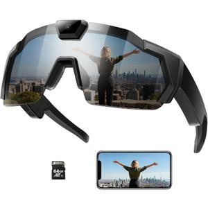 Smart Camera Glasses for Action Sports, HD Video Recording Glasses with 64GB Memory, Action Audio Camera Sunglasses for Men Women Outdoor (Black)