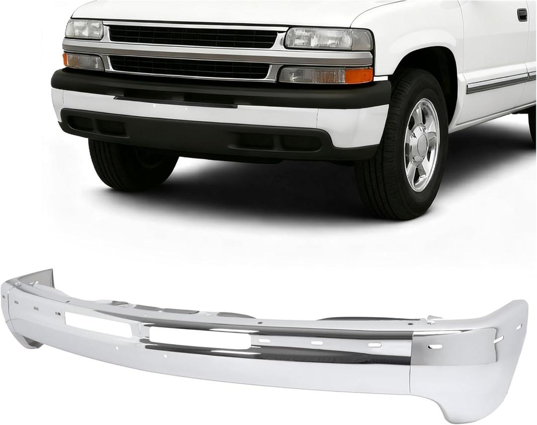 ALMULOO Front Bumper Face Bar(Split Design 3Pcs) Compatible with 2000-2006 Chevrolet Tahoe/Suburban 1500 2500&1999-2002 Chevrolet Silverado 1500 2500 3500 HD Bumper Impact Bar GM1002376 12336026