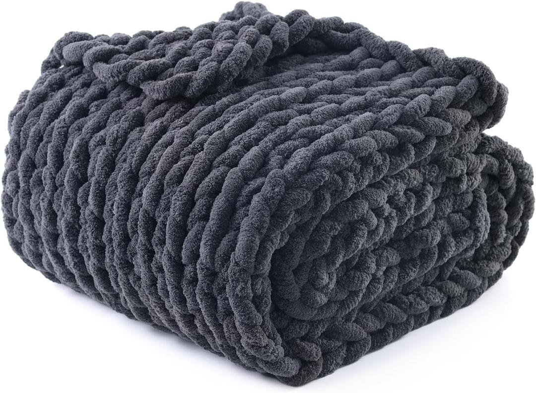 YnM Chunky Throw Blanket, Medium-Weight, Hand Knitted with Chenille Yarn, Skin Friendly, Ventilated and Breathable, Machine Washable, Home Dcor Piece for Couch, Sofa and Bed (Lava Grey, 50x60 Inch)