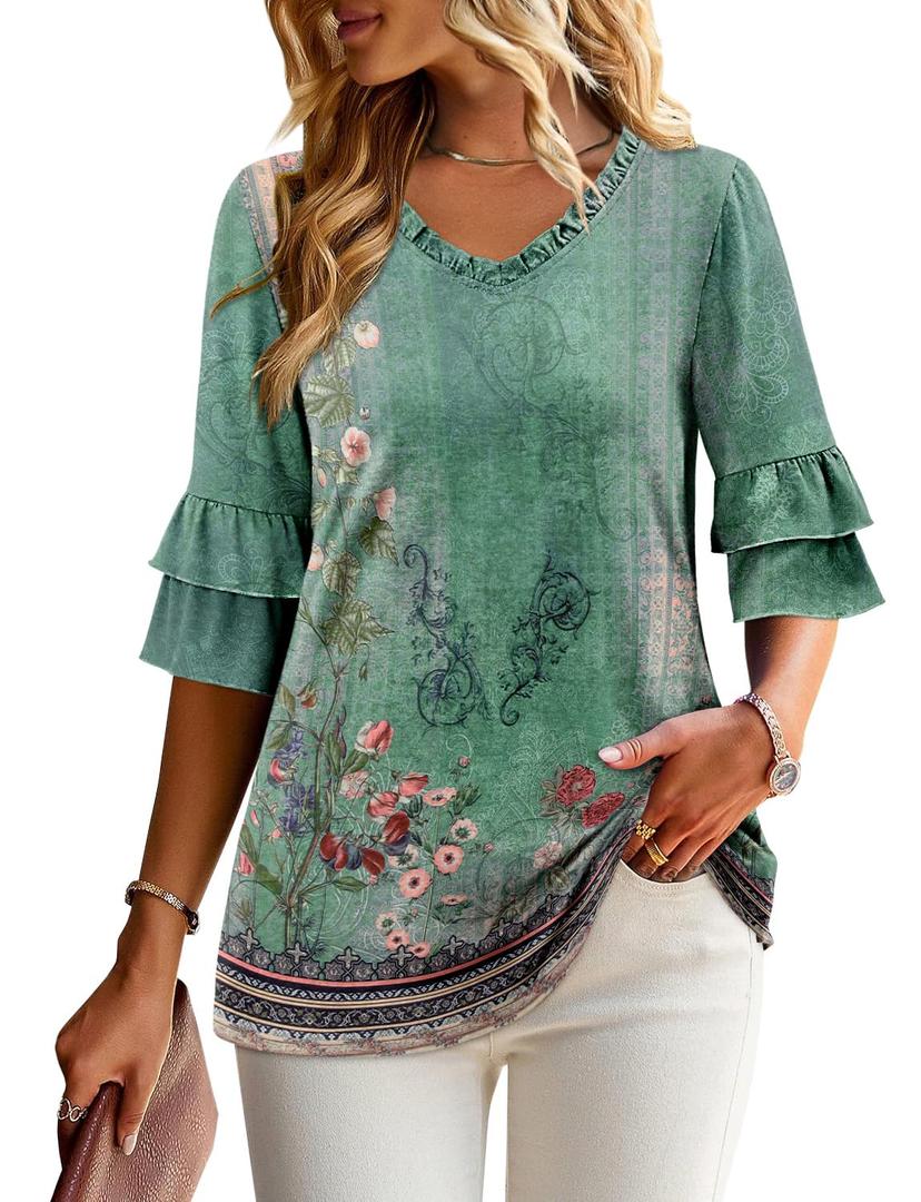 Angerella Tops for Women Trendy Fashion 3/4 Sleeve T-Shirts Cute V Neck Tunic Top Basic Business Tees Floral Blouses Green L (Green, L)