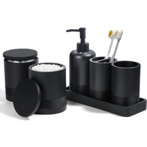 Bathroom Accessories Set, 6-Piece Bathroom Accessory Set, Toothbrush Holders Set, Soap Dispenser, Vanity Tray, Tumbler, Cotton Swab Jars, Bathroom Organizer for Modern Bathrooms(Matte Black)