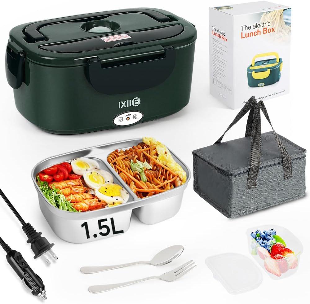 Electric Lunch Box 80W for Adults, 1.5L Lunch Warmer with 2 Compartments for Truck/Car/Work, Fast Portable Heated Lunch Box Food Warmer Heater 12/24/110V, Removable Stainless Steel Container