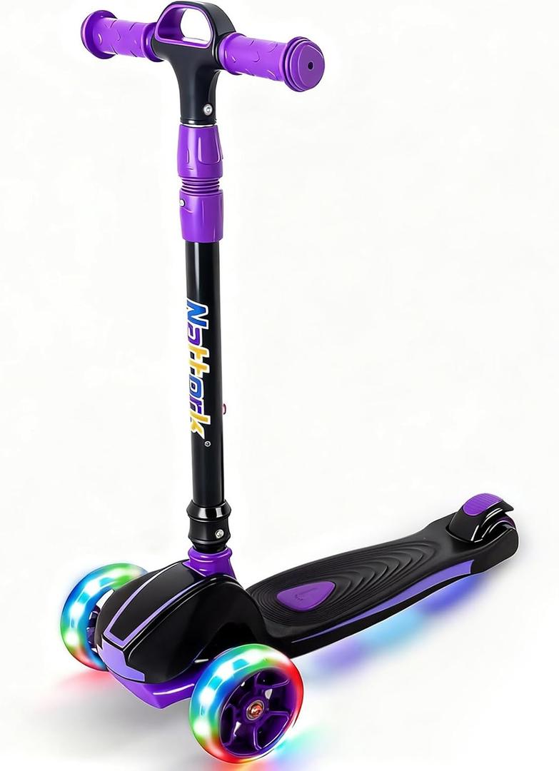 Nattork Kids Scooter for Age 3-8, Toddler Scooter with 4 Adjustable Height for Boys & Girls, Light Up 3-Wheels Foldable Kick Scooter, Lean to Steer, 120LB Weight Capacity (Purple)