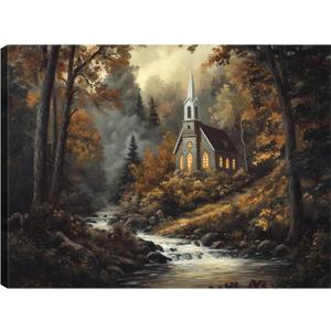 Fall Canvas Wall Art, Autumn Church Wall Decor, Forest Wall Art, Religious Art, Forest Posters Prints Pictures for Home Living Room Bedroom 16x24 Inch