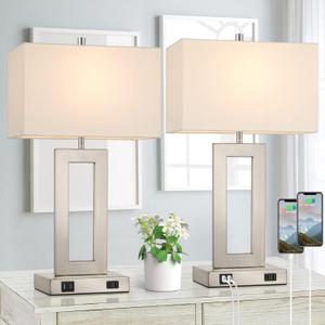 22'' Tall Table Lamps for Bedroom Set of 2, Silver Bedside Touch Control Lamp with 2 USB Ports&AC Outlet, Modern Living Room Table Lamp for Nightstand End Table, 3-Way Dimming with 2 E26 Edison Bulbs