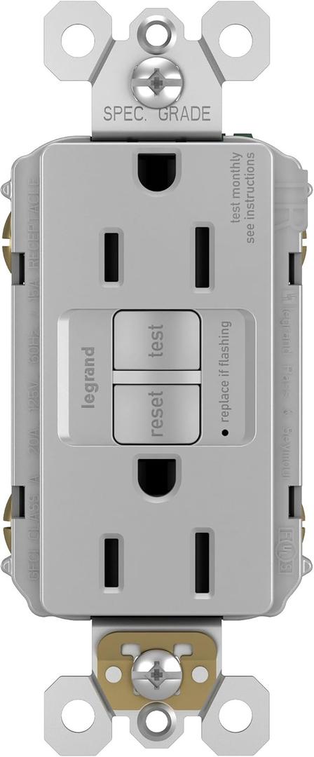 Legrand radiant 1597GRYCCD12 15 Amp GFCI Self Test Decorator Duplex Outlet, Gray (1 Count)