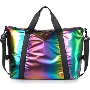 Dazzling Foldable Gym Bag for Women,Sports Travel Duffel Bag, Weekender Overnight Bag with Wet Pocket and Shoes Compartment for Women, Travel,Workout,Gym, Yoga G04 (Black)
