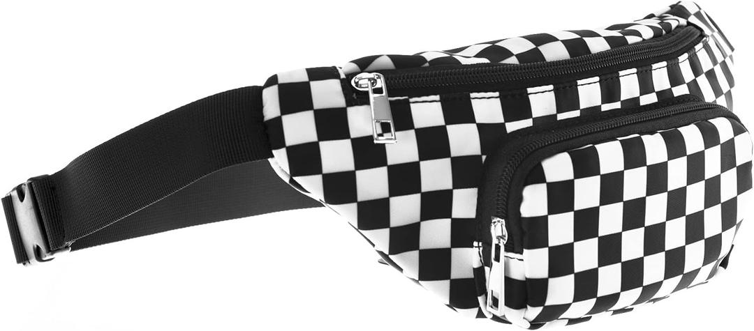 Three Pockets Neon Retro 80s Fanny Pack for Women Men Travel Festival Theme Party Vintage Rave Accessories Plus Size Belt Bag Black and White Checkered