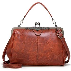 Women Retro Kiss Lock Handbag Purse Oil Wax PU Small Tote Satchels Shoulder Crossbody Bag