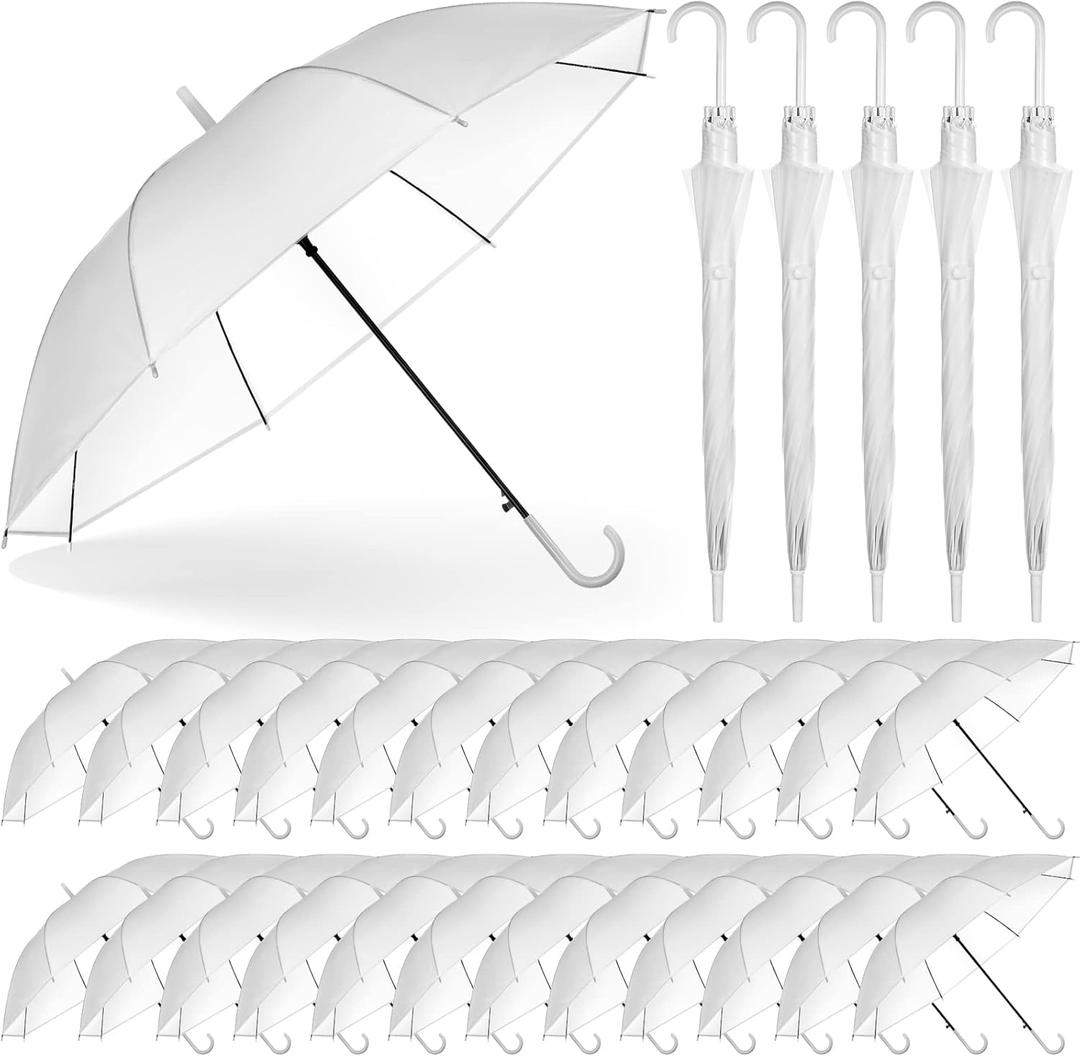 Reginary 30 Pieces Wedding Umbrellas Bulk Auto Open Stick Umbrellas with White European J Hook Handle Windproof Large Canopy Umbrella for Outdoor Wedding Bride Groom Photography Golf