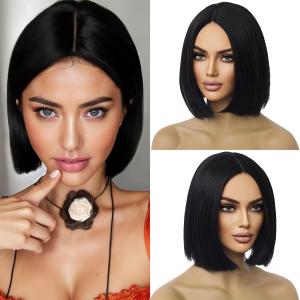 Black Wig Bob Wig Short Straight Hair Wigs Middle Part Black Wigs for Women Synthetic Heat Resistant Halloween Costume Party Wig with Hair Cap (10 Inch)