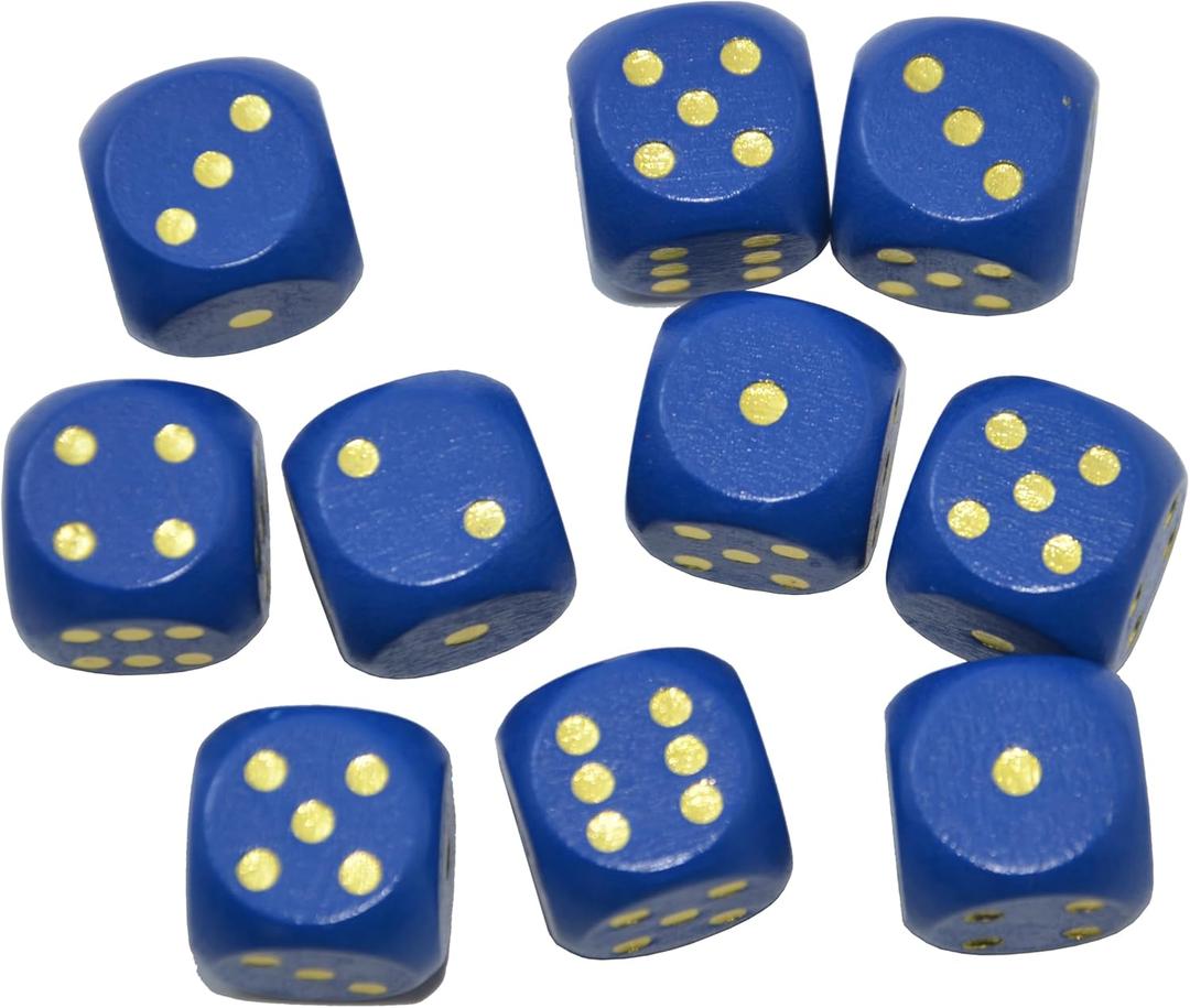 Set of 10 16MM Six Sided D6 Round Wooden Dice Set (Blue)