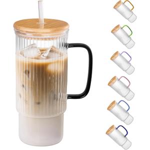32oz Ribbed Glass Cup with Handle Bamboo Lid and Straw, Glass Tumbler, Iced Coffee Cups Hot/Cold Drinks (Black Handle)