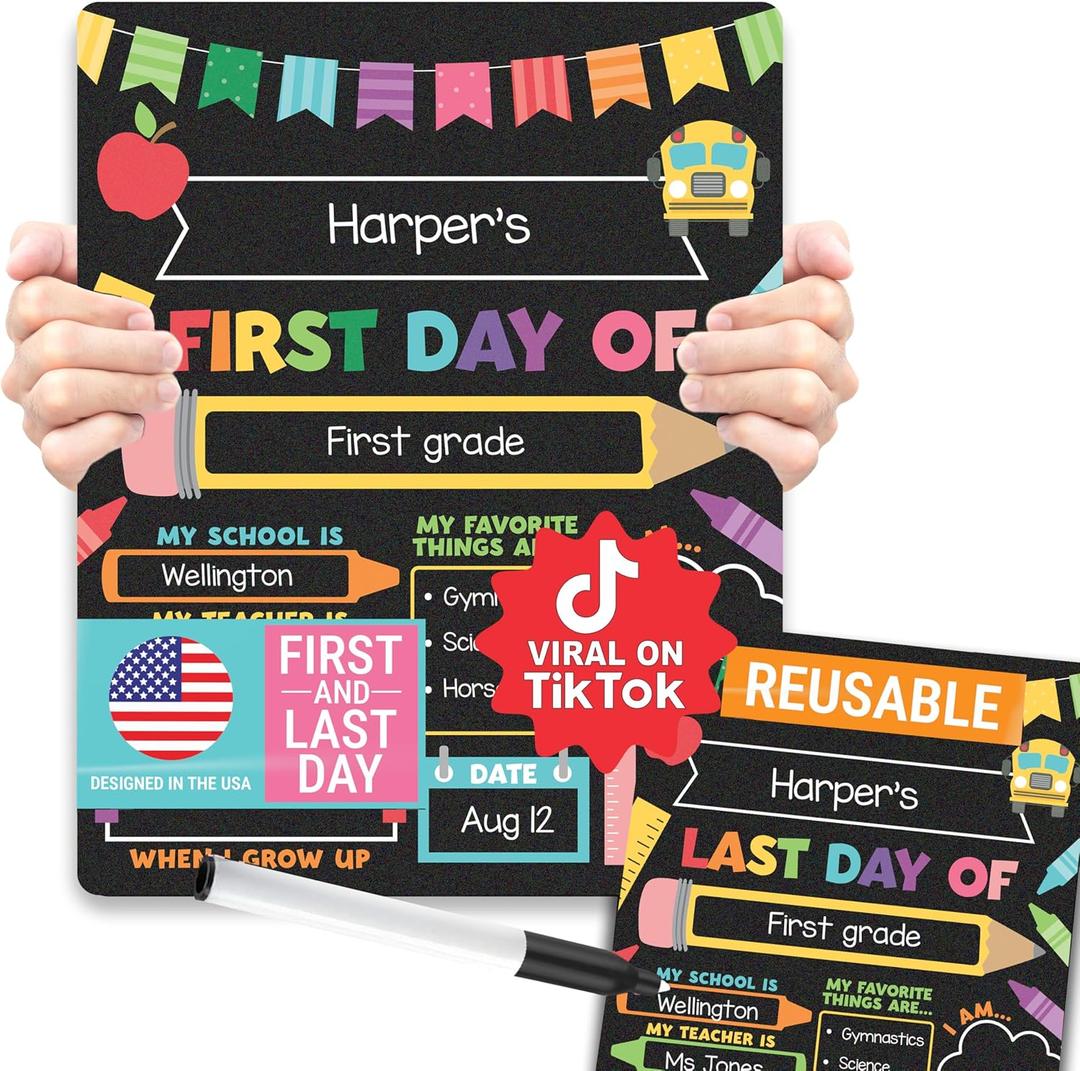 My First Day of School Sign with Markers -11x14 Back to School Signs First and Last Day, Kindergarten Chalkboard Signs, Pre K Sign Board, Preschool Board, Reusable Photo Prop for Kids