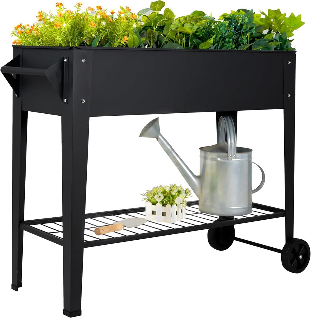 Elevate 32" Tall Raised Garden Bed Outdoor with Wheels & Shelf for Mobility, 400LBS Capacity, Anti-Rust Steel Planter Box for Vegetables/Herbs, Patio-Balcony-Backyard (Black)