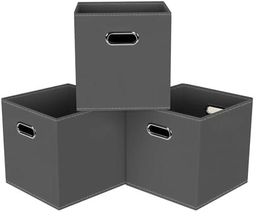 HEAYEEG Black Foldable Storage Cubes Bins, Fabric Storage Box Cubes Organizer Baskets with Dual Handles for Home Organizer,Set of 3,(Gray)