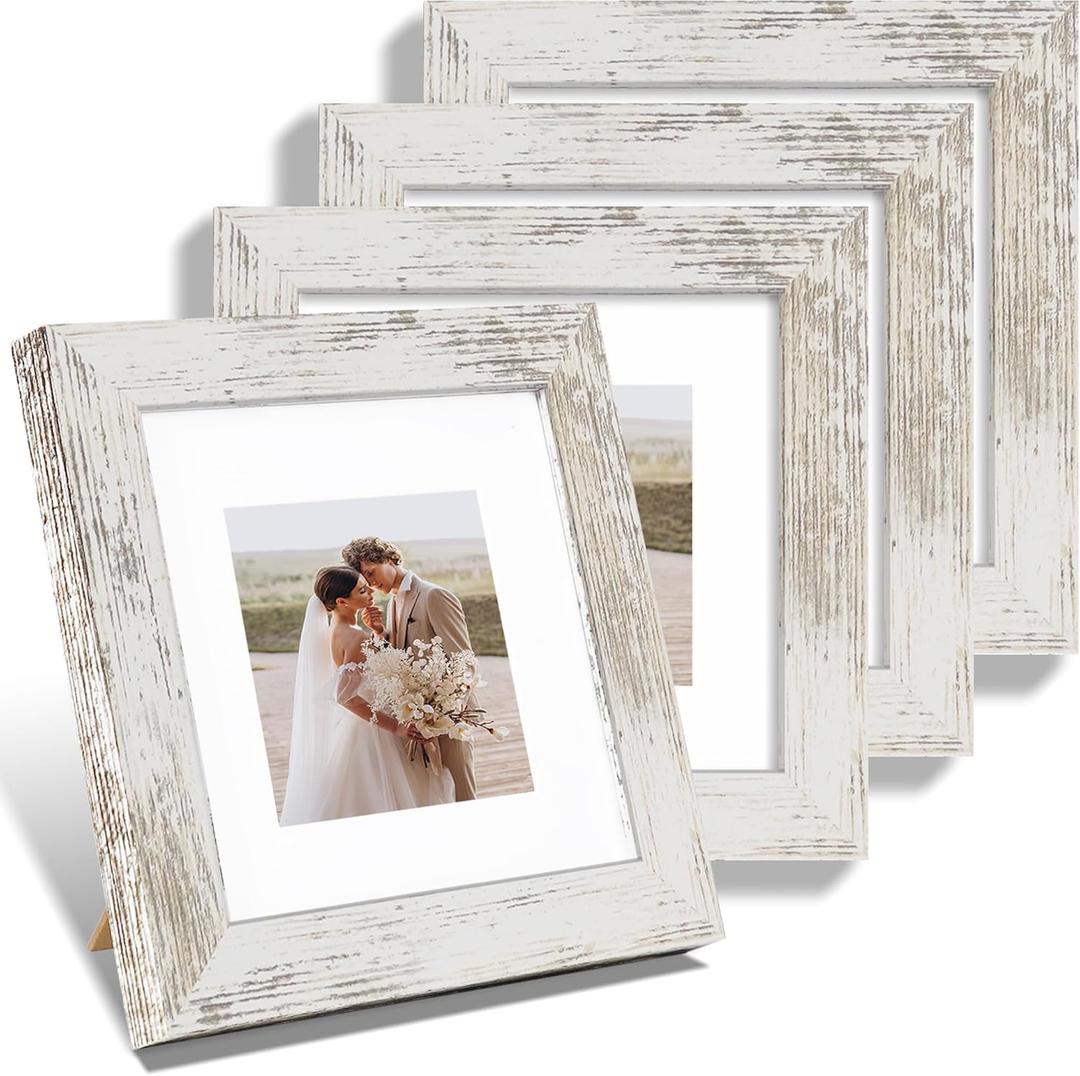 6x6 Picture Frame Set of 4, Made of Glass and Distressed White Wooden Frame - Display Picture 4x4 with Mat or 6 x 6 Without Mat, 6x6 Photo for Wall or Tabletop (6x6 in)