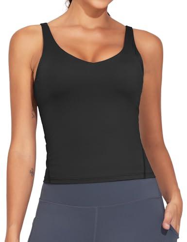 Dragon Fit Women's Padded Workout Tank Tops Fitted Wirefree Longline Sports Bra for Gym Yoga Black M