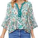 VALOLIA Womens Tops Dressy Casual: Work Tops for Women - 3/4 Sleeve Tunic Tops for Women - Flowy Blouses for Womens Green Floral Medium
