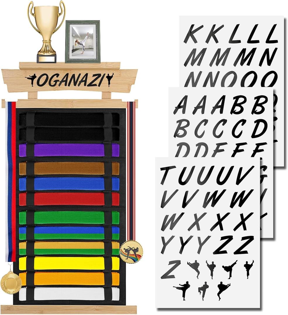 12 Belts Karate Belt Display Rack with Personalized Stickers, Taekwondo Belt Display Holder with Bamboo Trophy Rack, Felt Martial Arts Belts Display Holder for Taekwondo Karate BJJ Gifts