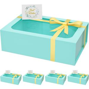 Large Gift Box with Window, 13.5x9x4.3 In Turquoise Gift Box for Presents Magnetic Lids Collapsible for Bridesmaid Proposal Box, Wedding, Birthday, Christmas, Contains Card, Ribbon (5 PACK)