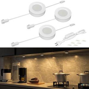 WOBANE Hardwired Under Cabinet Lights,Linkable LED Puck Lighting with Switch,DIY Under Counter Light for Kitchen,Showcase,Bookcase,Recessed&Wall Plug in,Natural White 4000K,120V,Set of 3