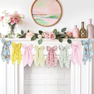 Spring Floral Bow Garland, Pink Gingham Fabric Bow Banner, Vintage Spring Flower Bows Hanging Garland for Mantel Wall Decor, Garden Floral Baby Shower, Birthday, Wedding, Flower Tea Party Decorations
