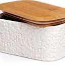 Butter Dish with Airtight Bamboo Lid for Countertop & Fridge - Ceramic Butter Dish Keeper with Nature-Inspired Engraving