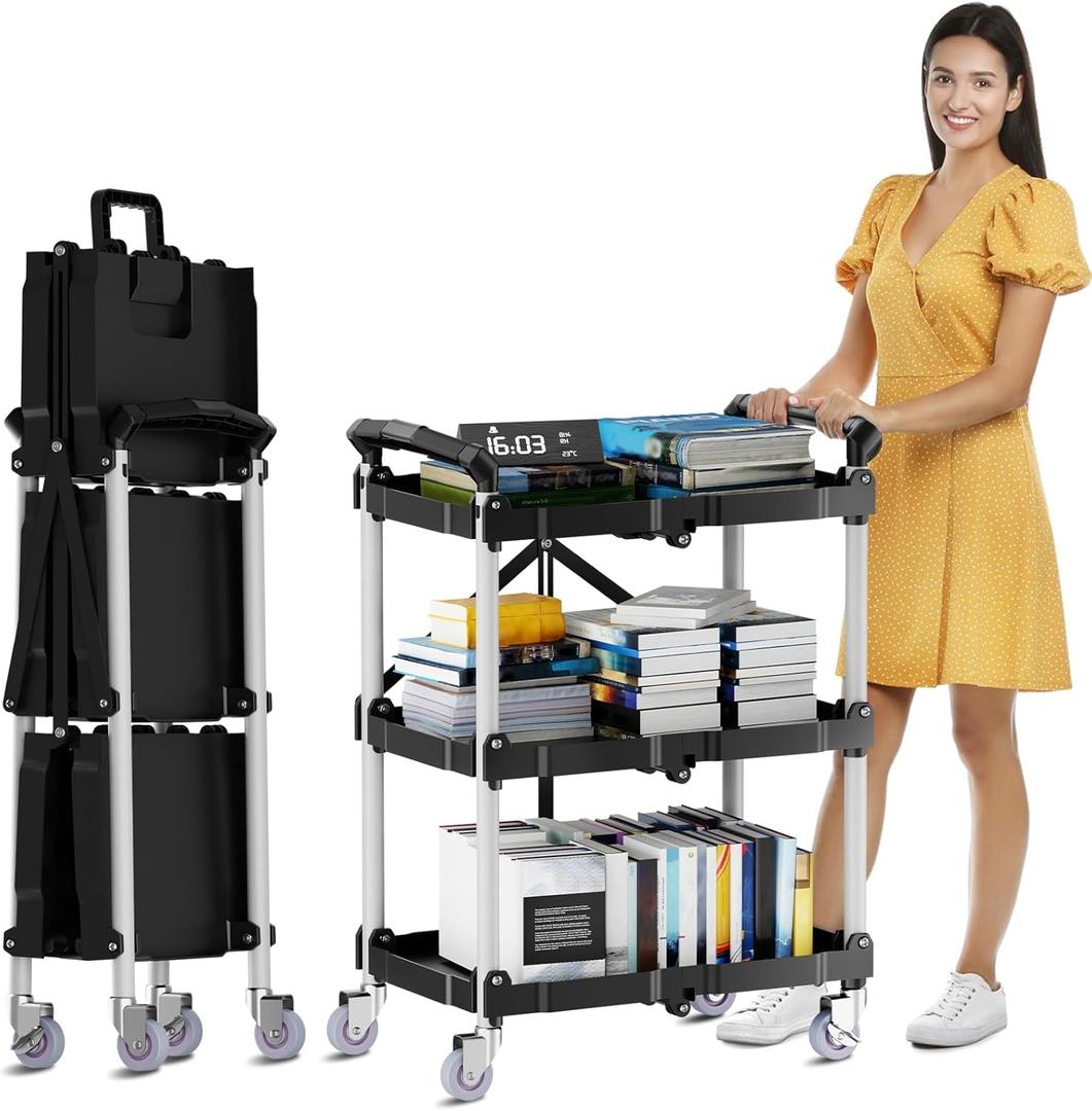 Foldable Rolling Book Cart, 3 Tier Folding Utility Service Carts with Wheels Lockable Handles for Women No Assembly Storage School Restaurant Warehouse Garage 180LBS Capacity