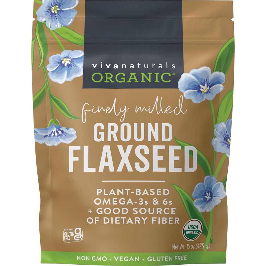 Viva Naturals Organic Ground Flaxseed, 15 oz (425 g) Plant-Based Protein, Vegan Omega-3 & Fiber, Finely Milled Flax Seeds, Perfect for Smoothies & Baking, Best By: 03/2027