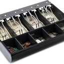 Volcora Cash Drawer Tray - 11.7 x 10.3 x 2.3 Inch Cash Register Insert - 4 Bill / 5 Coin Replacement Cash Tray 13" Fully-Removable Drawers - Stainless Steel Currency Compartment Money Storage (Black)