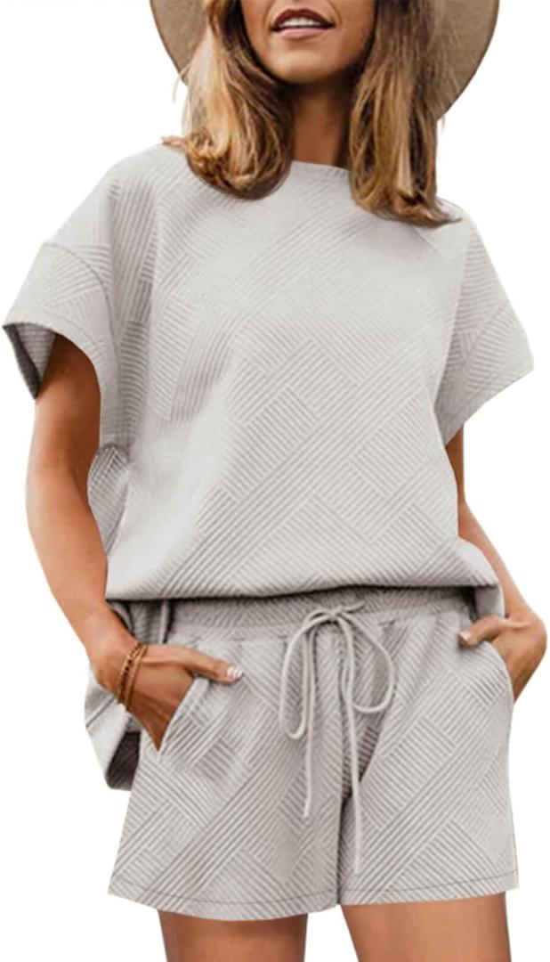 Imily Bela Womens Loungewear Set Short Sleeve Tops and Shorts 2 Piece Outfits Plus Size Oversized Pajama Set with Pockets (Gray)