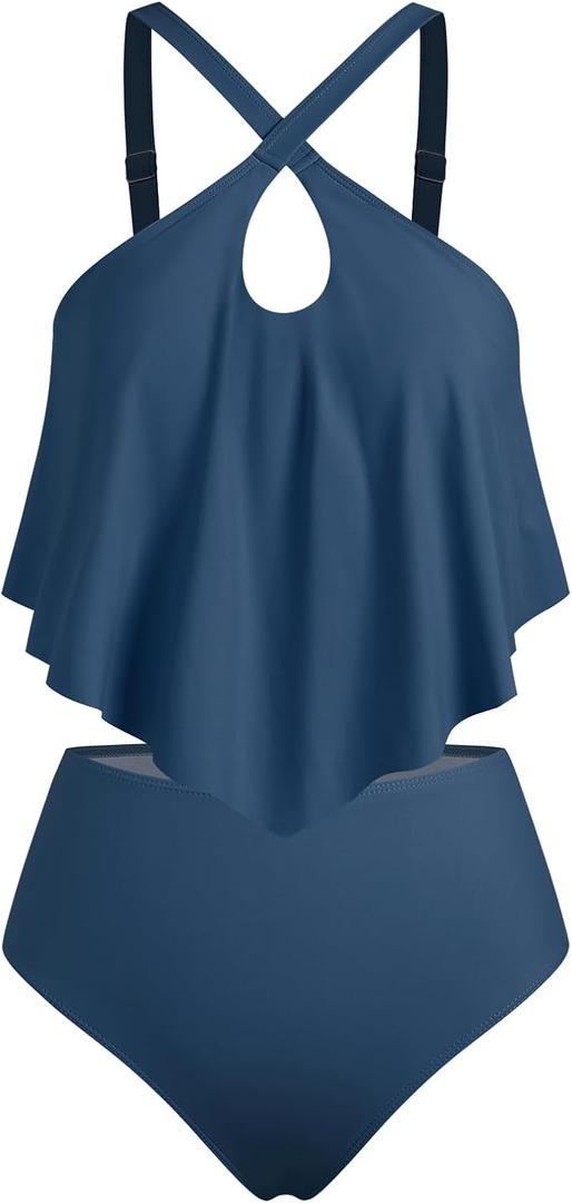 ZAFUL Two Piece Women's Tankini Swimsuits Cross Cutout Flowy Swim Top Tummy Control Ruched Bikini Bottom Bathing Suits (Large, 0-blue)