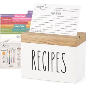 Dahey Wooden Recipe Box White Recipe Organizer with 100 Recipe Cards and 6 Dividers, Recipe Card Holder Box Set with Lid and Slots to Write in Your Own Recipes for Cooking Lover Kitchen, 6.9''x3.5''