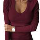 Fessceruna Womens Long Sleeve Shirts Tops Fall Deep V Neck Ribbed Casual Slim Fit Basic Sexy T-Shirt 2025 (Medium, 1-wine Red)