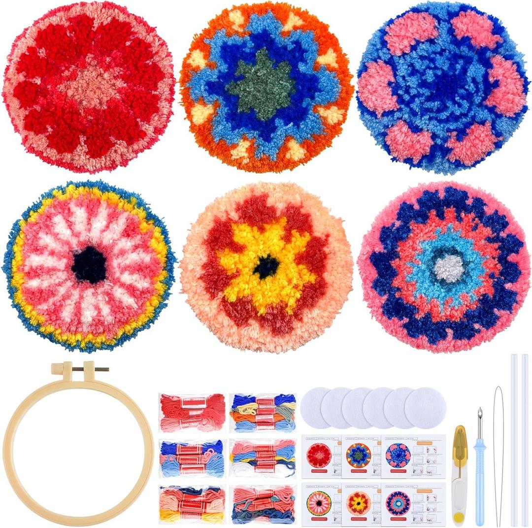 ERKOON Punch Needle Coasters Kit Adults Beginners, 6 Pcs DIY Easy Coaster Embroidery Set for Starter Art Craft, Needling Punching Project with Patterns, Tools, Yarns, Hoop, Instruction (Flower)