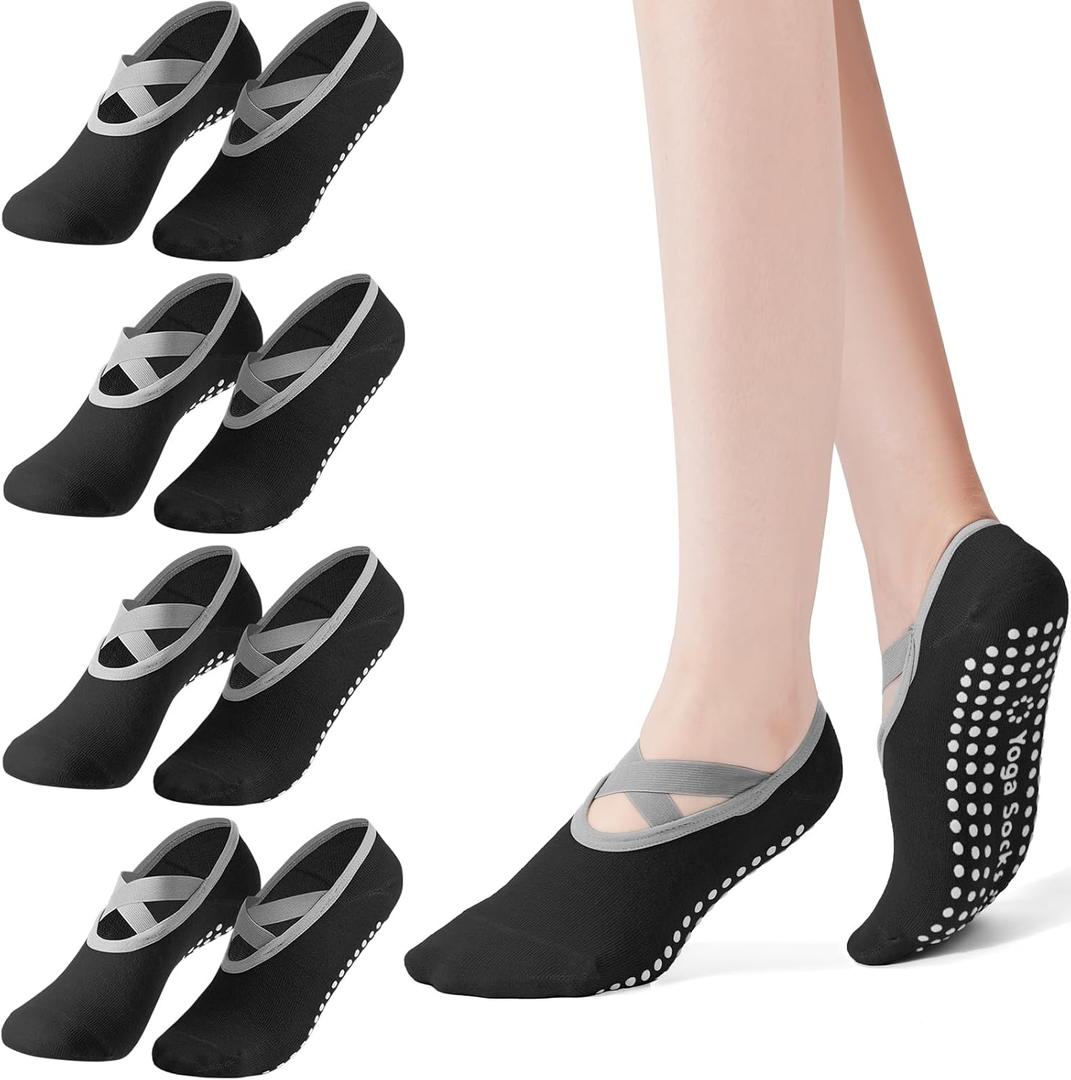 Vanjua 4 Pairs Pilates Socks with Grip for Women, Non Slip Yoga Socks, Grippy Socks for Barre, Dance, Workout and Hospital
