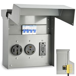 RV Electrical Panel with Breaker, Temporary Power RV Outlet Box with 20 30 50 Amp Receptacle, Weatherproof RV Electrical Power Outlet Power for Hookup Camper Travel Trailer Motorhome