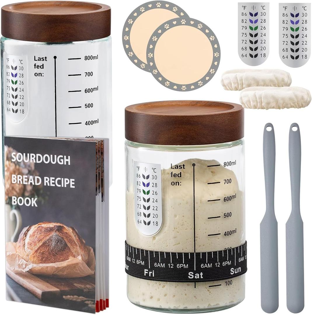 Sourdough Starter Kit,34oz Sourdough Starter Jar Glass with Sourdough Recipes Cookbook.Sourdough Bread Baking Supplies with Thermometer,Natural Wooden Lid, Anti-slip Mat,Sourdough Jar scraper (2 pack)