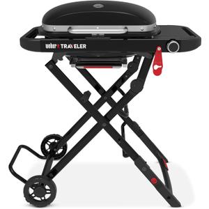 Weber Traveler Compact Portable Gas Grill (Liquid Propane) for Outdoor Cooking  Black, Porcelain-Enameled Lid, Side Table, Folding Portable Grill with Wheels for Camping, Tailgating & Travel