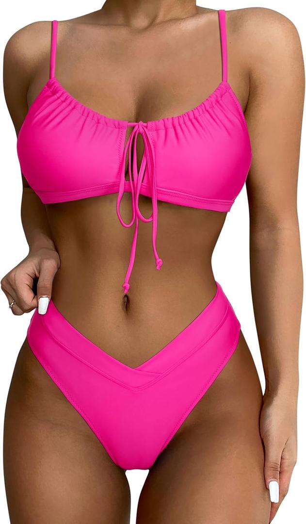 SUUKSESS Women High Waisted String Bikini Sets Sexy Two Piece Cutout Swimsuits (Medium, Hot Pink)