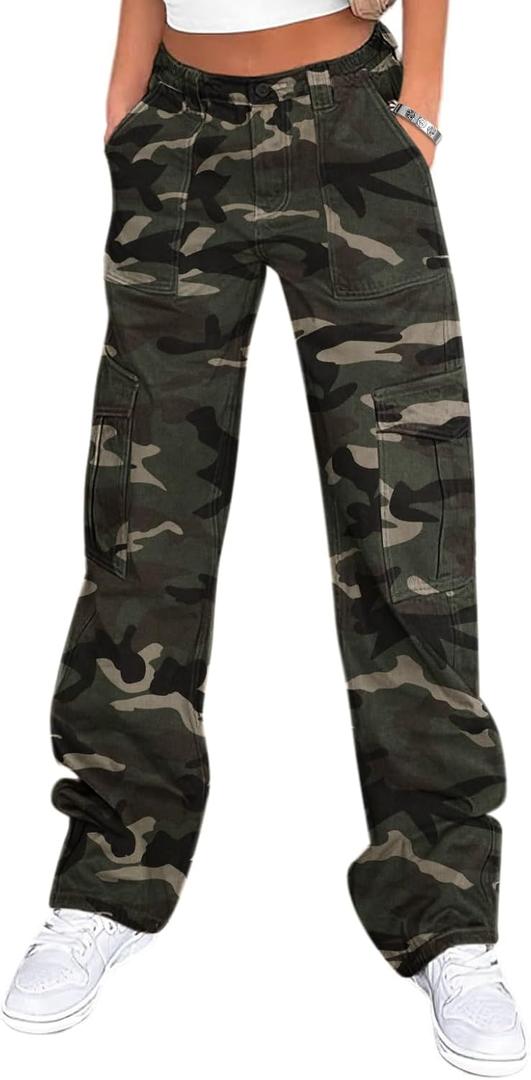 Lepunuo Cargo Pants for Women High Waisted Casual Pants Baggy Stretchy Wide Leg Y2K Streetwear with 6 Pockets (Medium, Camouflage Green)