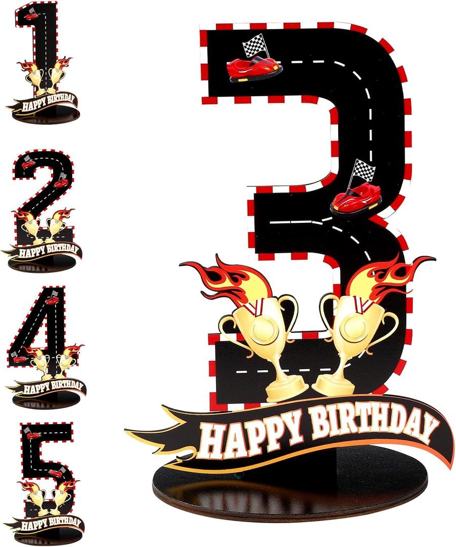 6 x Race Car Birthday Third Number Three Sign, Wooden Race Car Theme 3rd Centerpiece with Racing Track and Trophy Patterns Party Table Decoration for Birthday Party Topper Photo Props(Number 3)