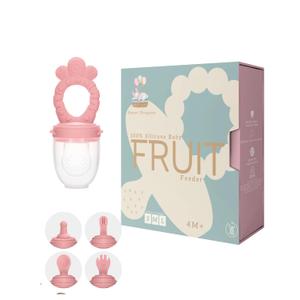Fruit Feeder Set (Pink).Ultra-Soft Silicone Includes Gum Brush and dust Cap. Pink
